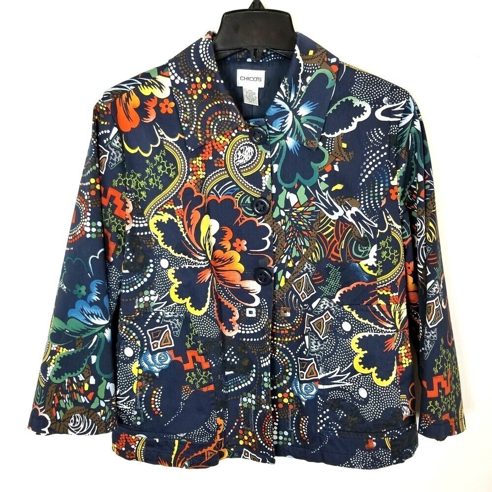 Chico's‎ Women Flofal Print Jacket Button Front Lined Cotton blend 1 US M